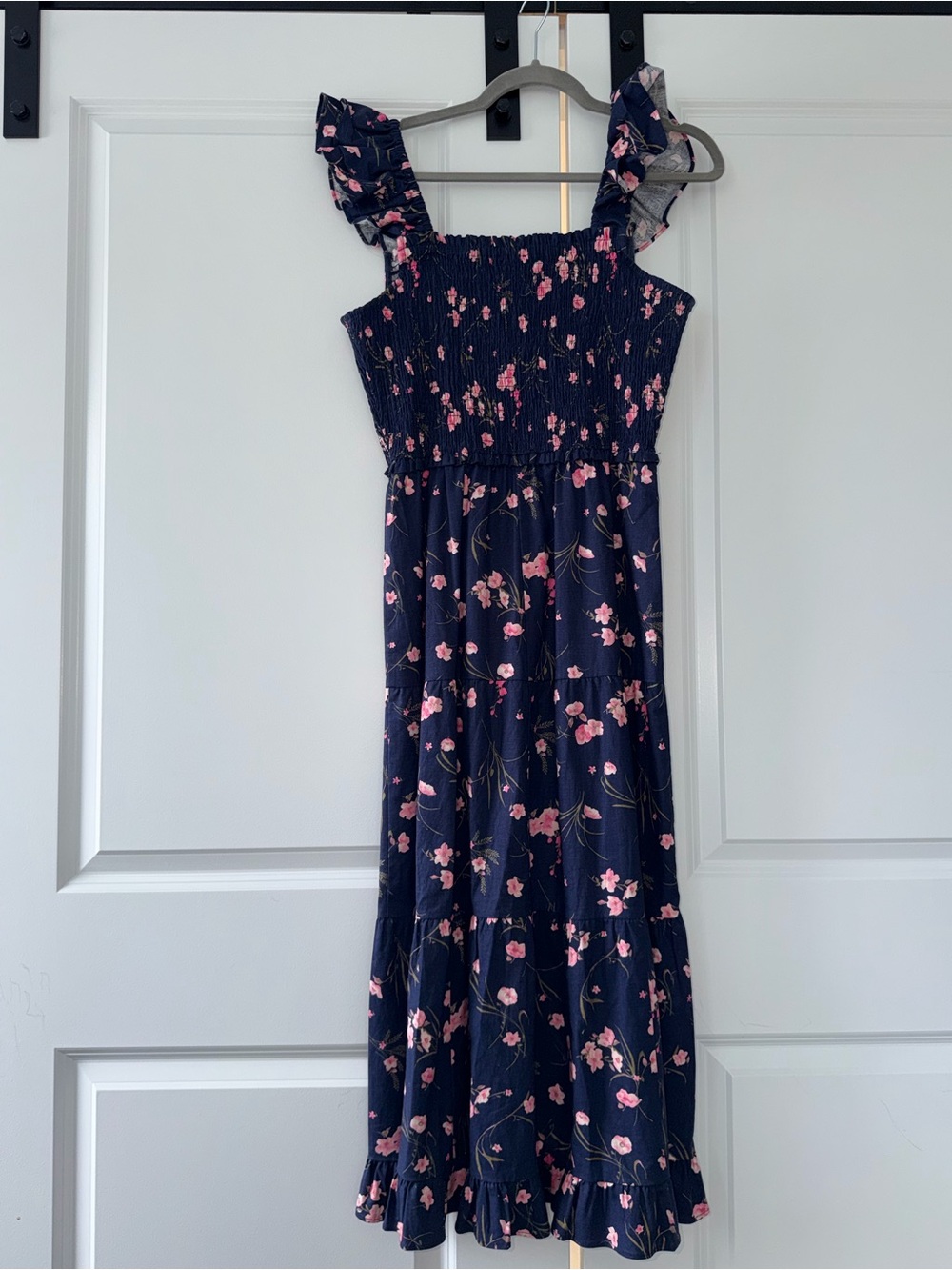 Navy Floral Smocked Nap Dress | Midi Dress with Pink Blooms